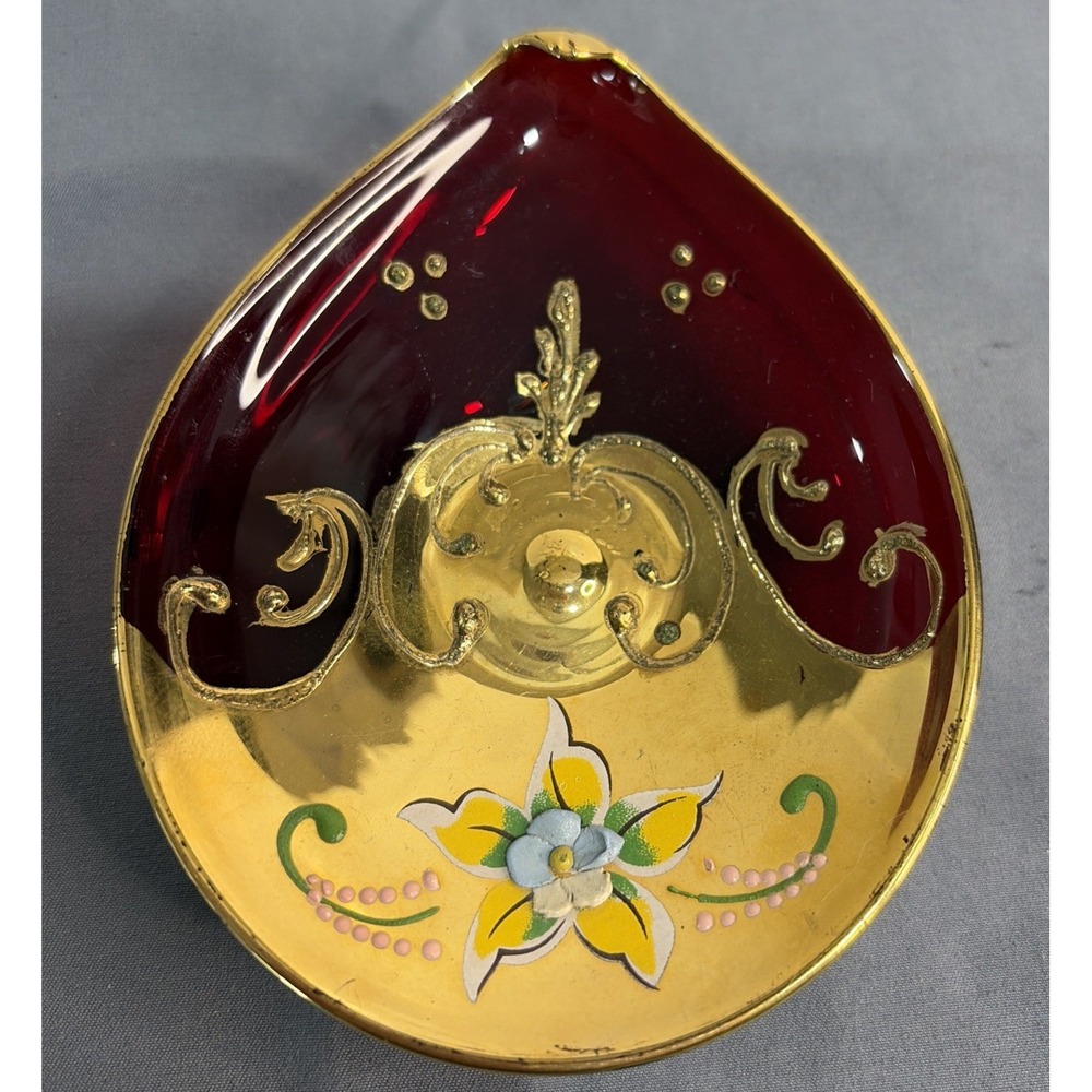 Murano? Glass Trinket Dish Red Gold Gilt Hand Painted Vtg Tear Drop Shaped